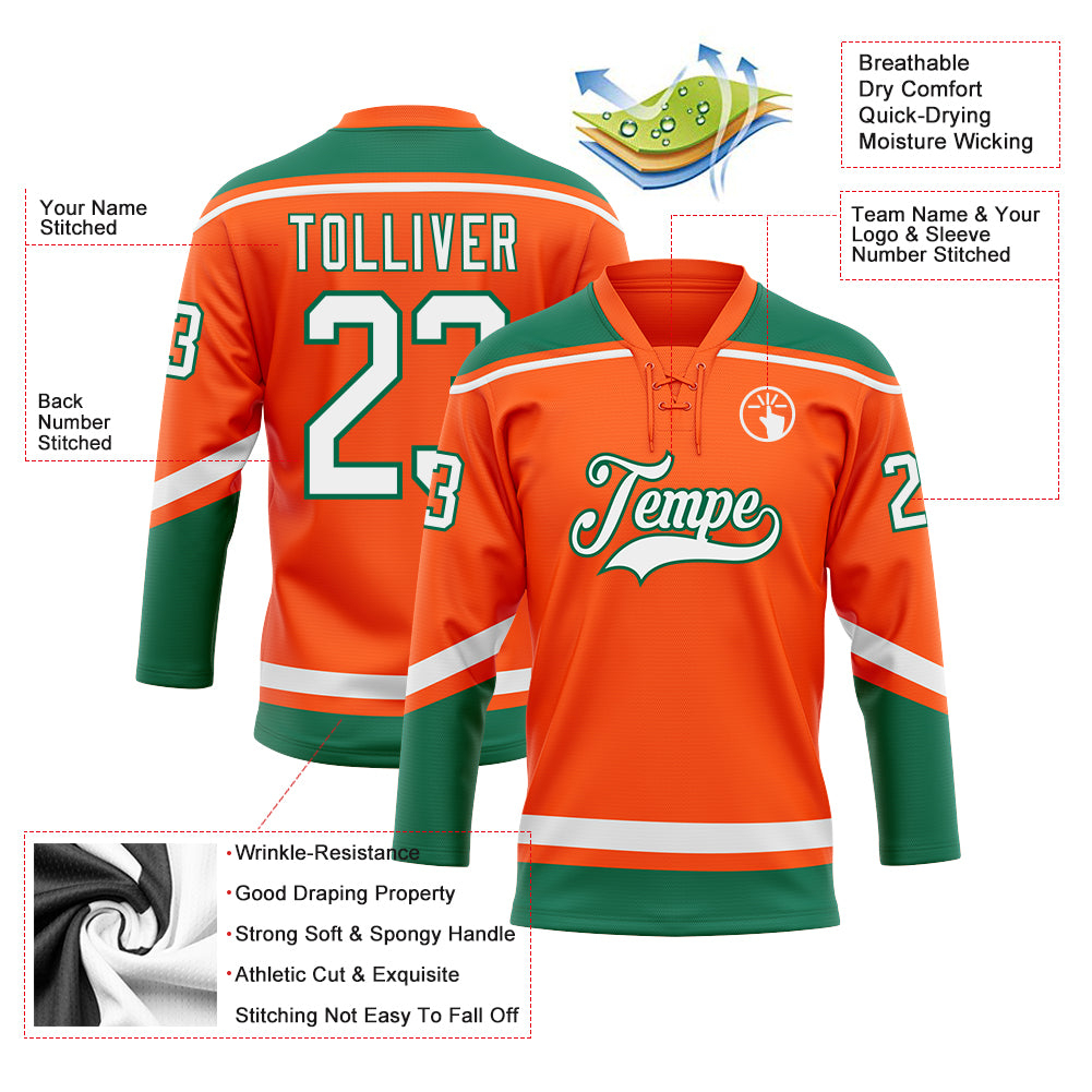 Custom Orange White-Kelly Green Hockey Lace Neck Jersey