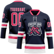 Custom Navy Neon Pink-White Hockey Lace Neck Jersey