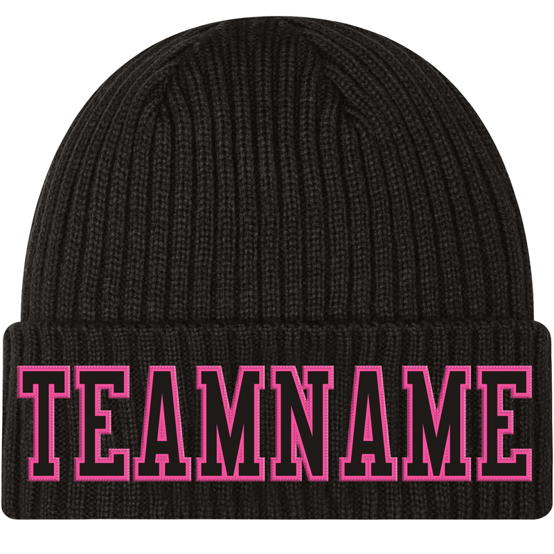 Custom Black Black-Pink Stitched Cuffed Knit Hat
