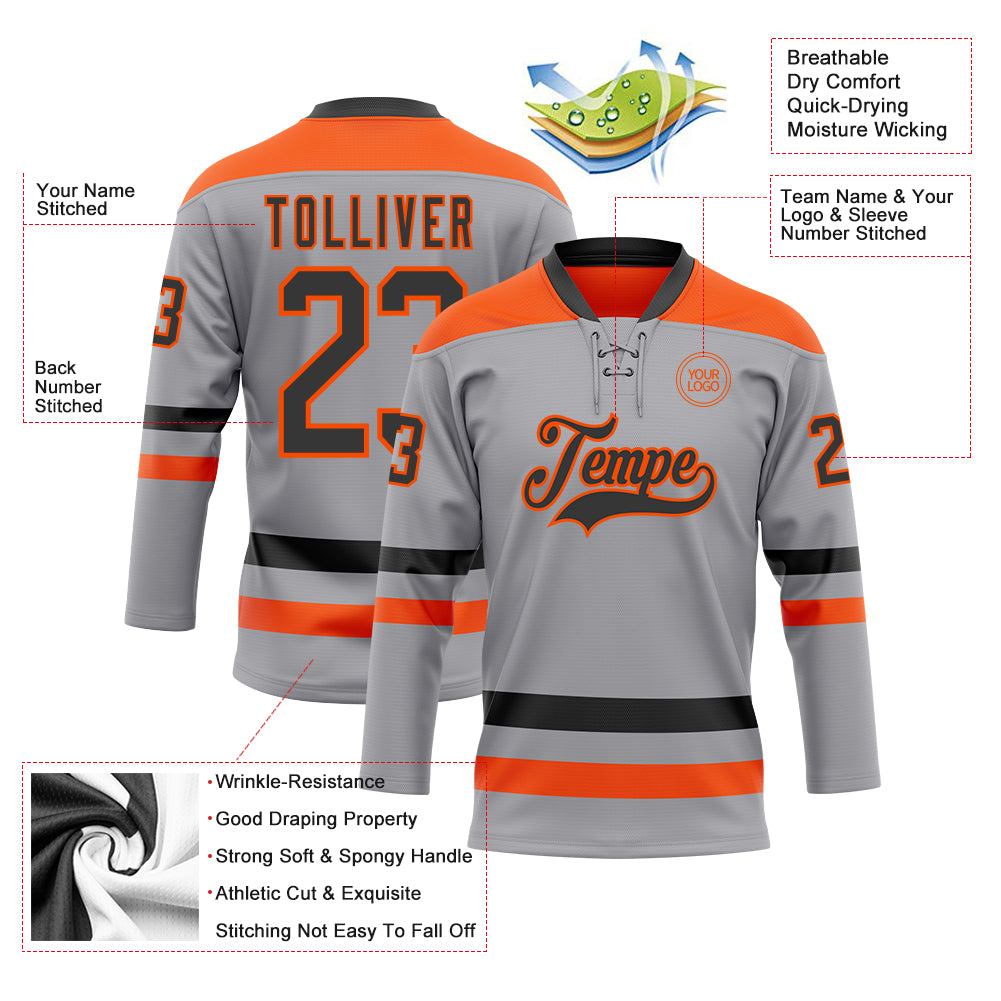 Custom Gray Black-Orange Hockey Lace Neck Jersey