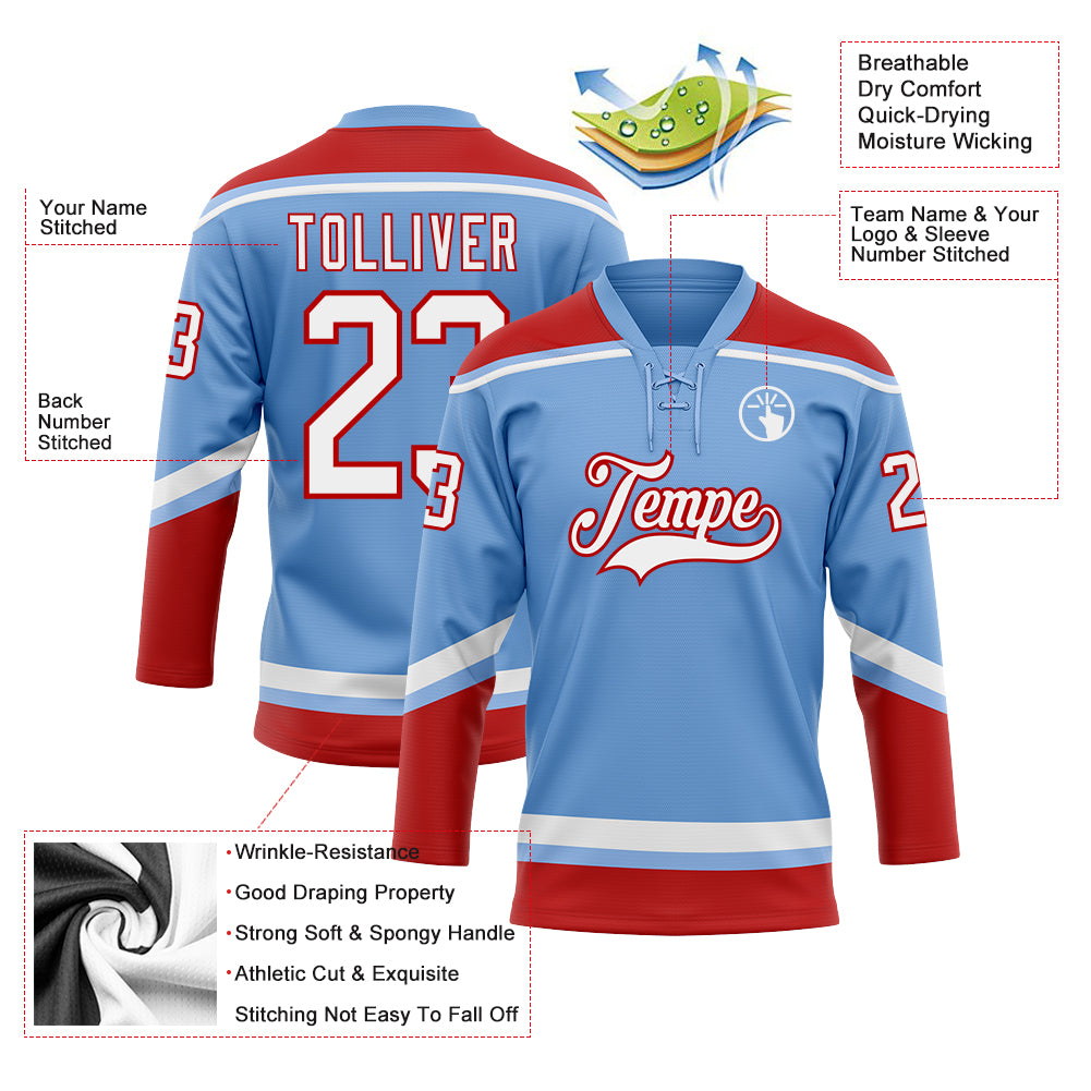 Custom Light Blue White-Red Hockey Lace Neck Jersey