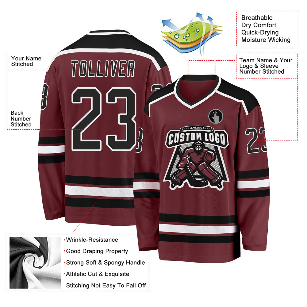 Custom Burgundy Black-White Hockey Jersey