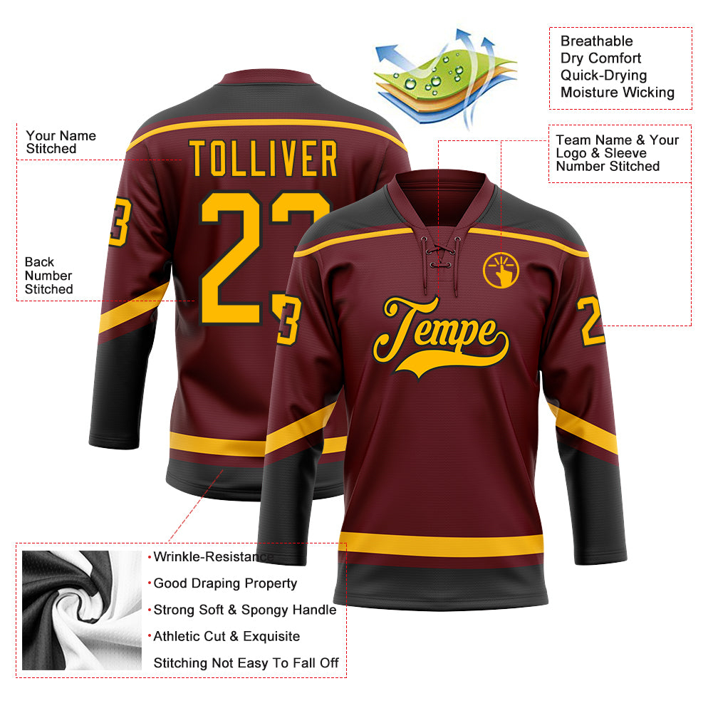 Custom Burgundy Gold-Black Hockey Lace Neck Jersey