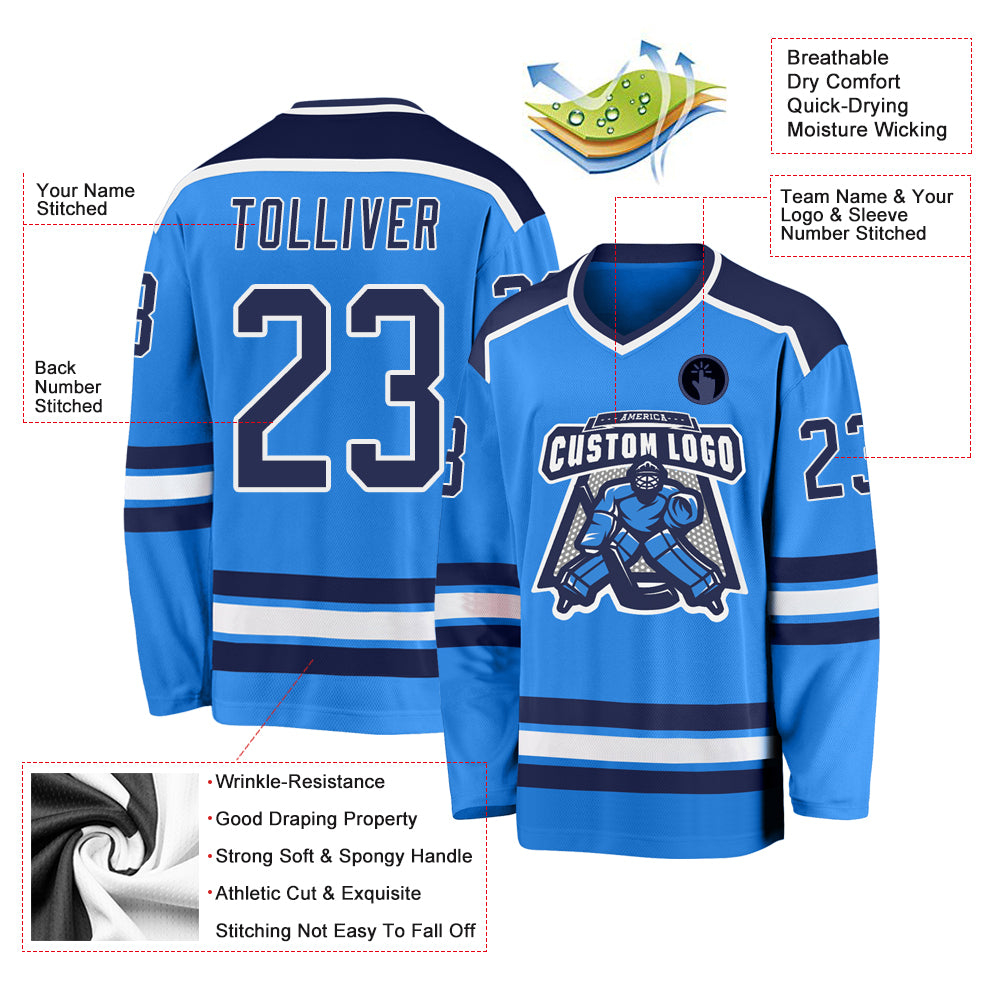 Custom Powder Blue Navy-White Hockey Jersey