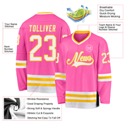 Custom Pink White-Gold Hockey Jersey