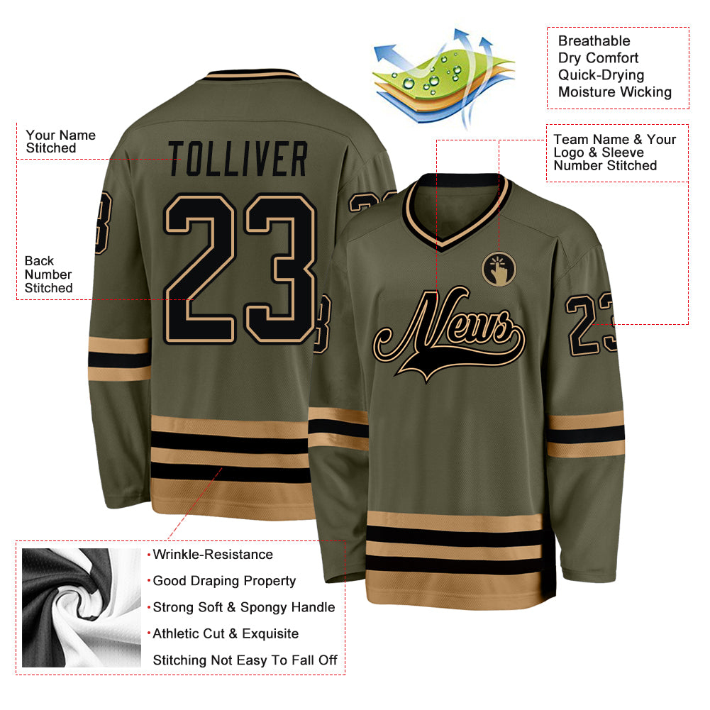 Custom Olive Black-Old Gold Salute To Service Hockey Jersey