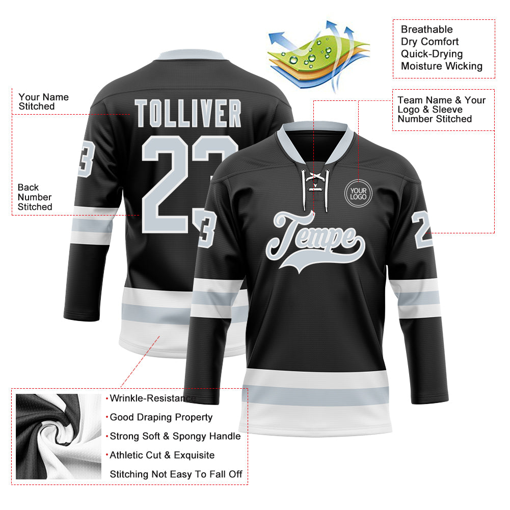 Custom Black Silver-White Hockey Lace Neck Jersey