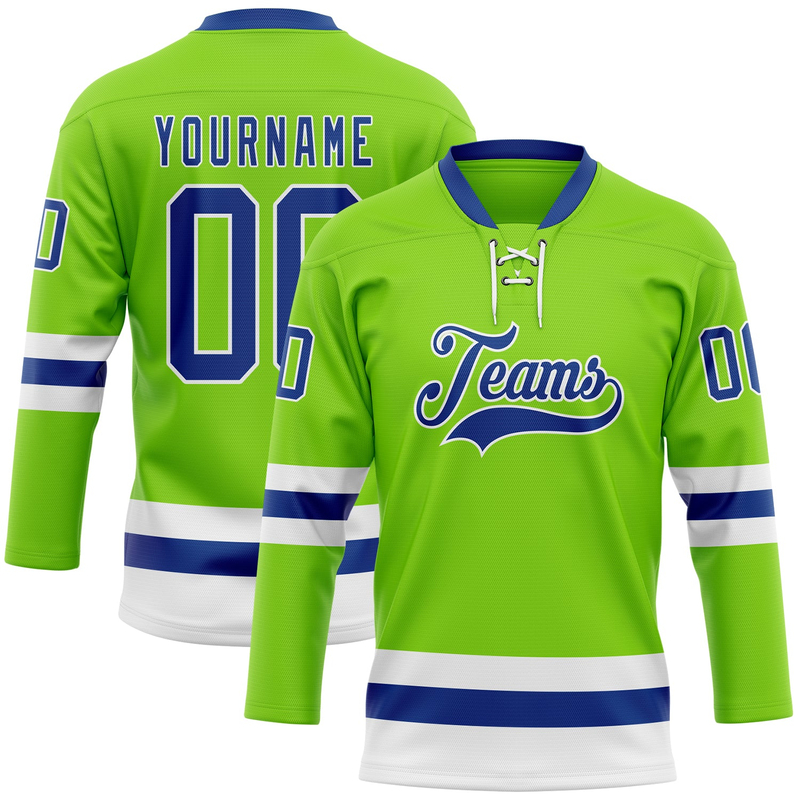 Custom Neon Green Royal-White Hockey Lace Neck Jersey
