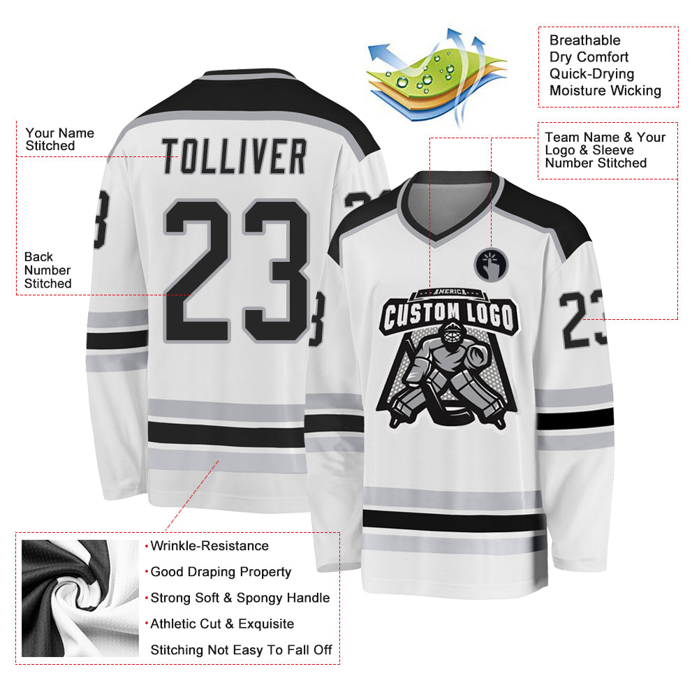 Custom White Black-Gray Hockey Jersey