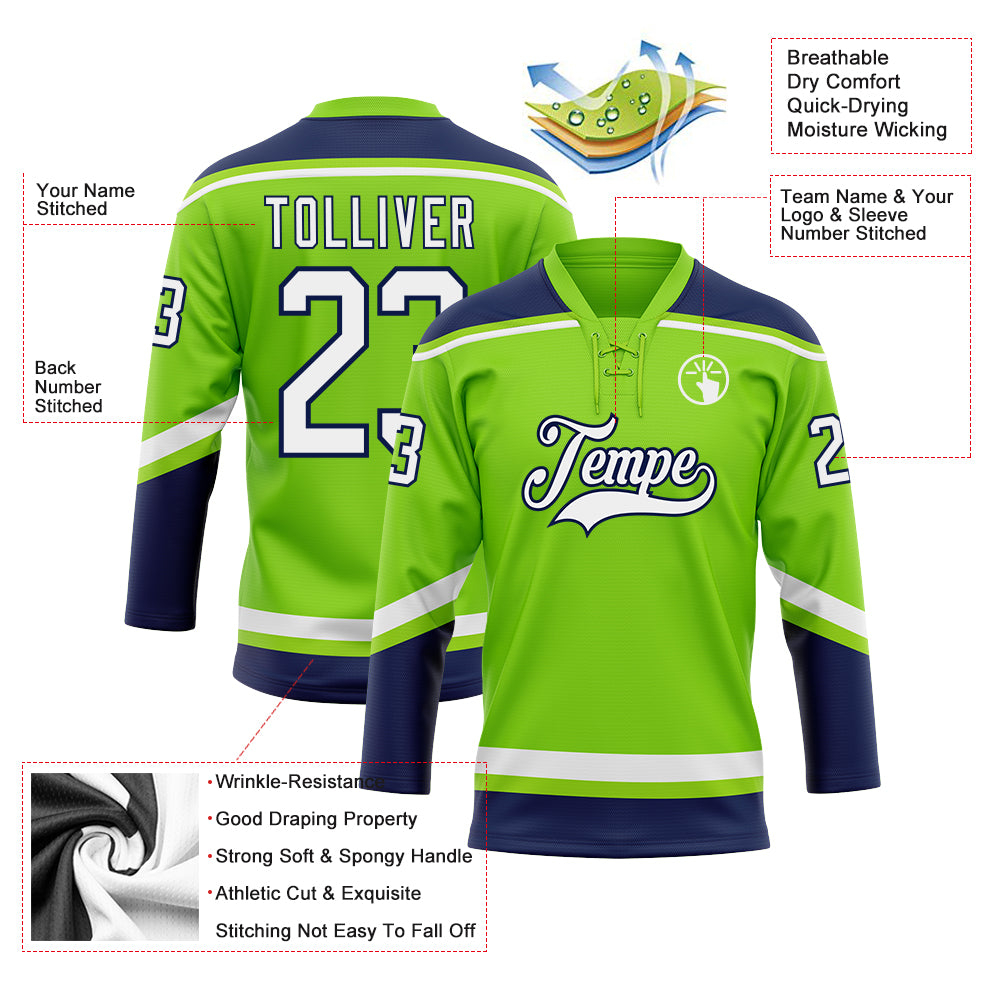 Custom Neon Green White-Navy Hockey Lace Neck Jersey