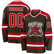 Custom Brown Red-White Hockey Jersey