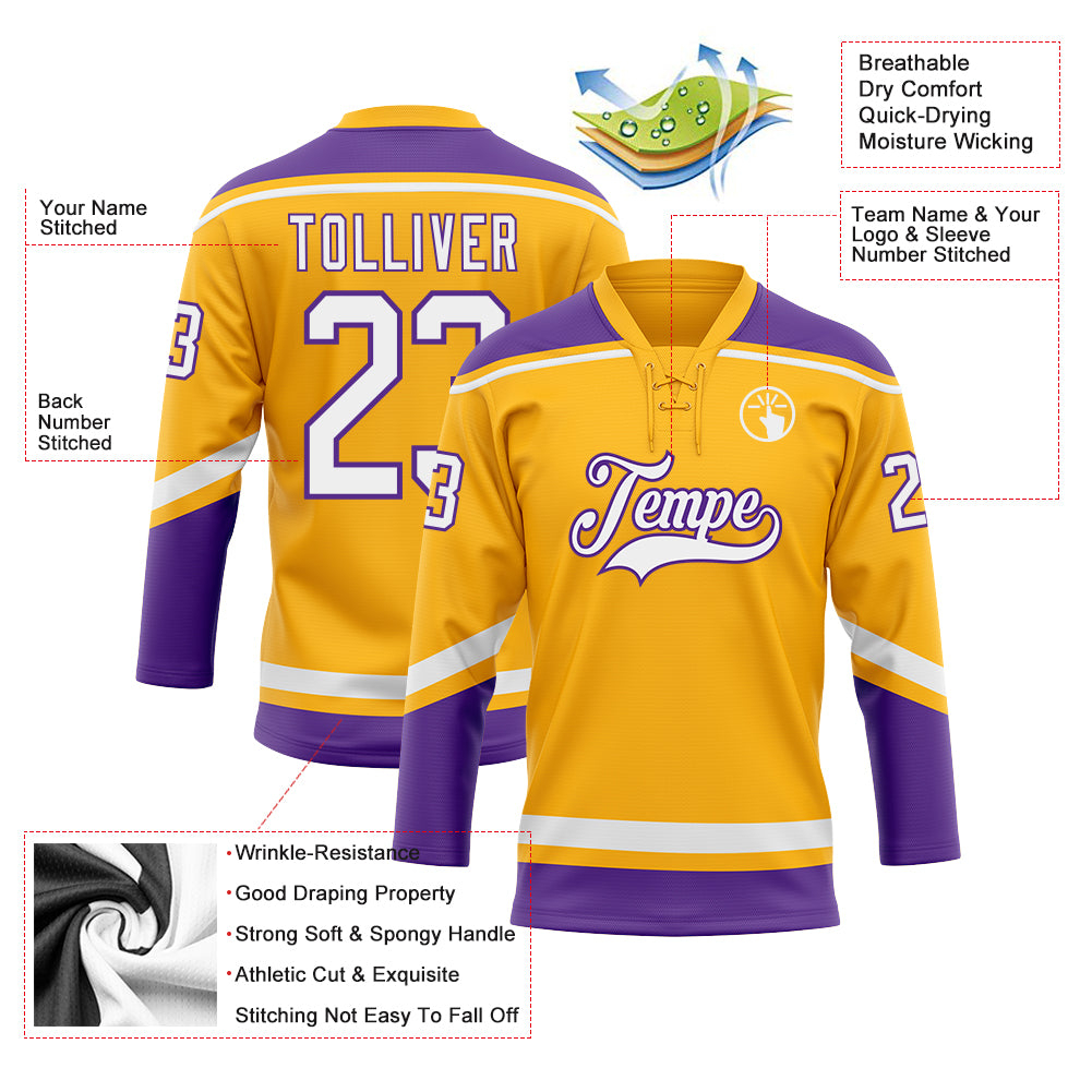 Custom Gold White-Purple Hockey Lace Neck Jersey