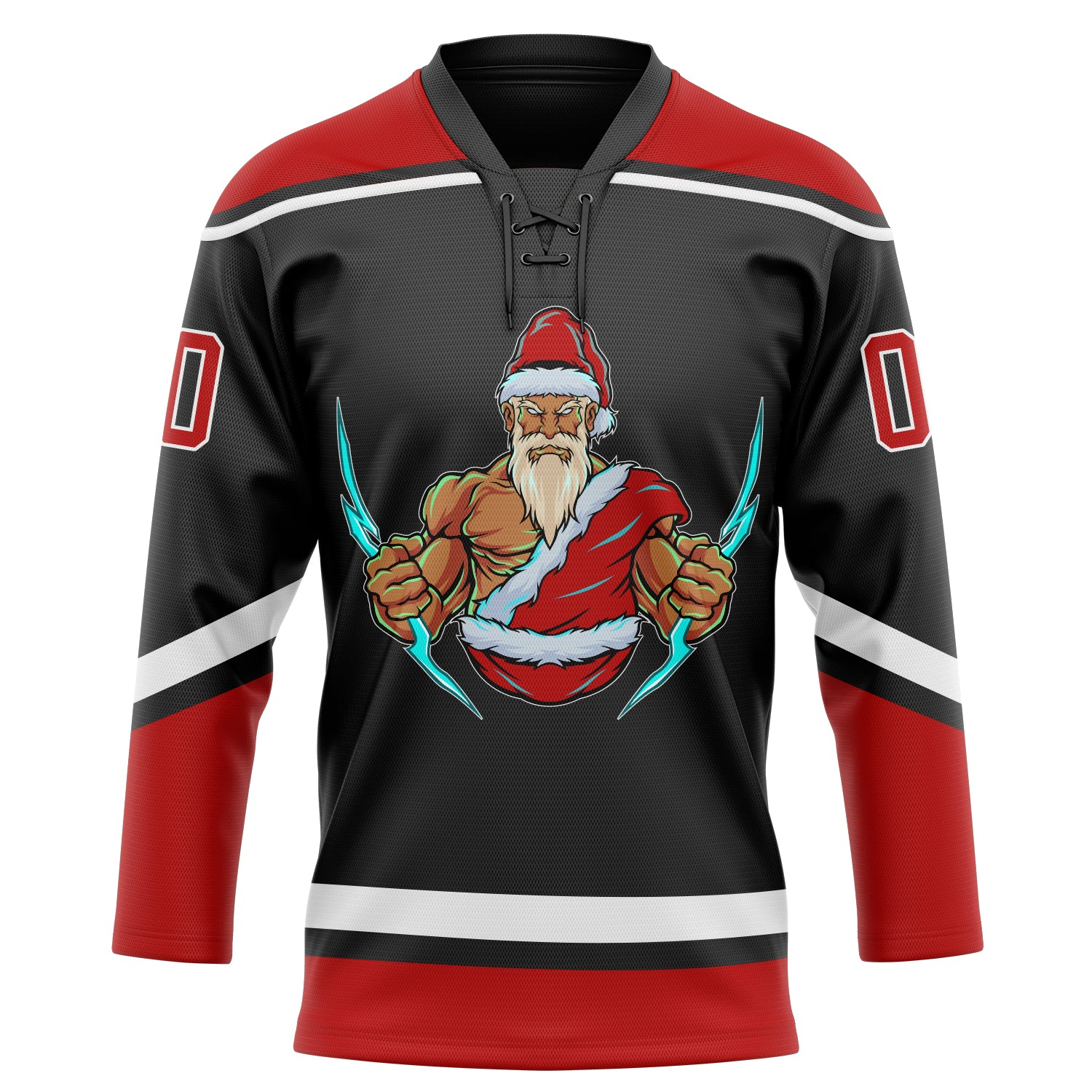 Custom Black Red-White Christmas Santa Claus 3D Hockey Lace Neck Jersey