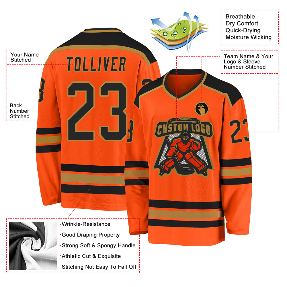 Custom Orange Black-Old Gold Hockey Jersey