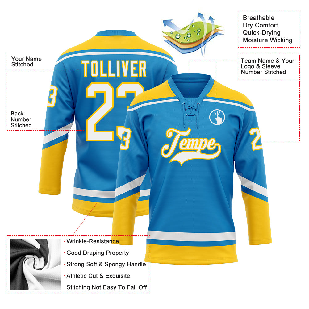 Custom Blue White-Yellow Hockey Lace Neck Jersey