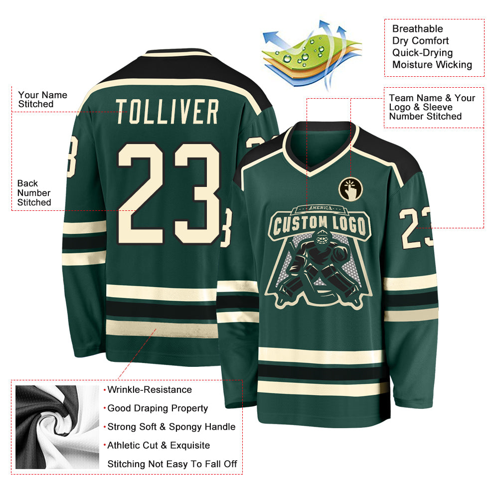 Custom Green Cream-Black Hockey Jersey
