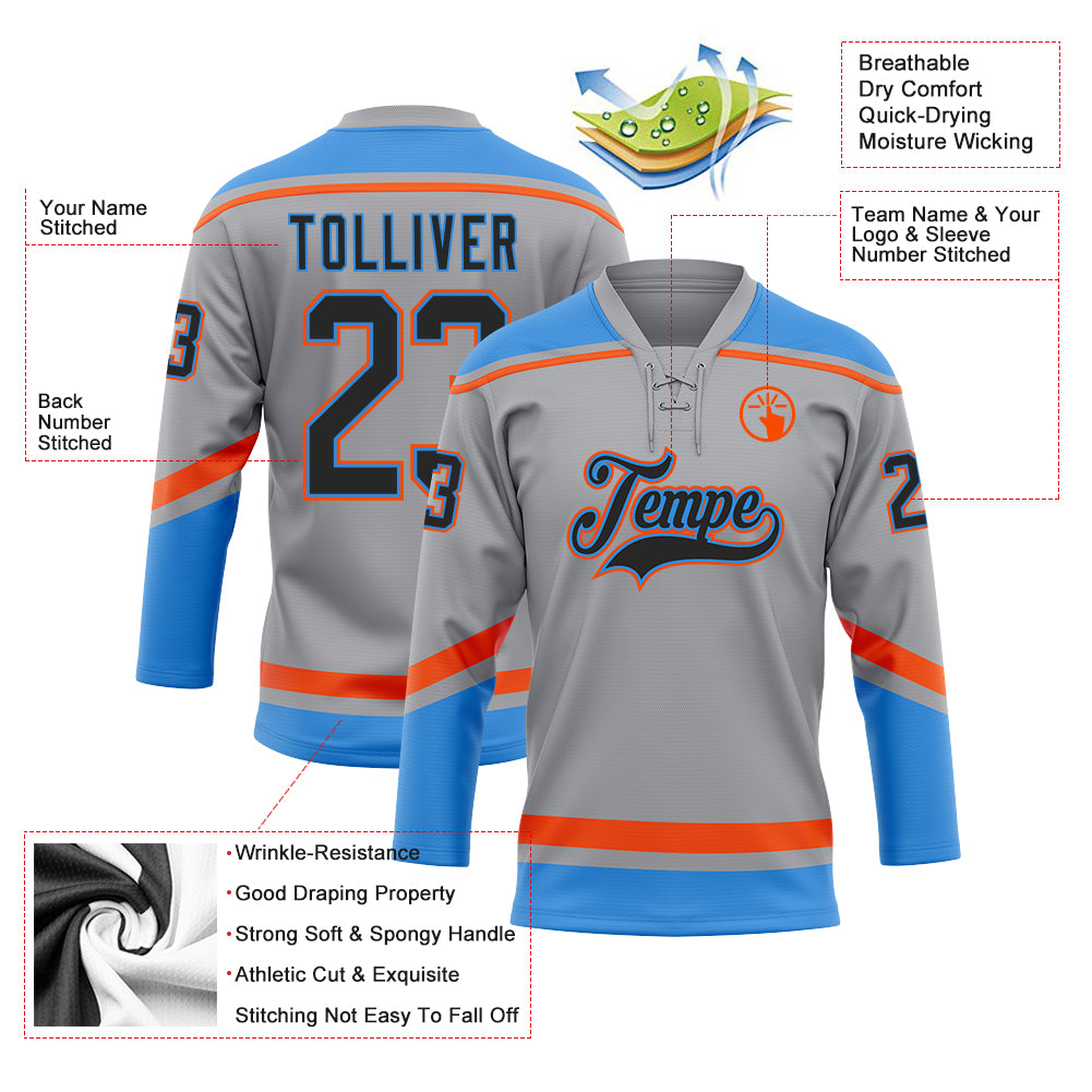Custom Gray Black Powder Blue-Orange Hockey Lace Neck Jersey
