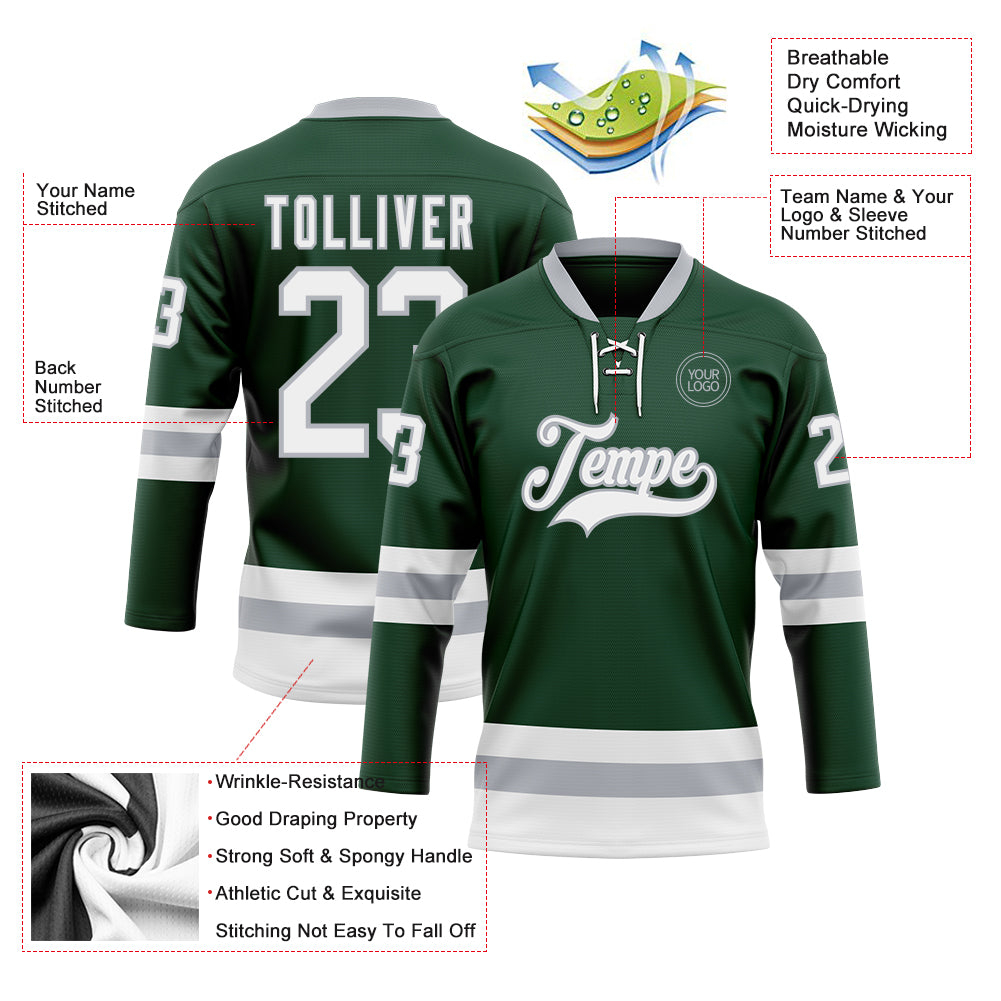 Custom Green White-Gray Hockey Lace Neck Jersey