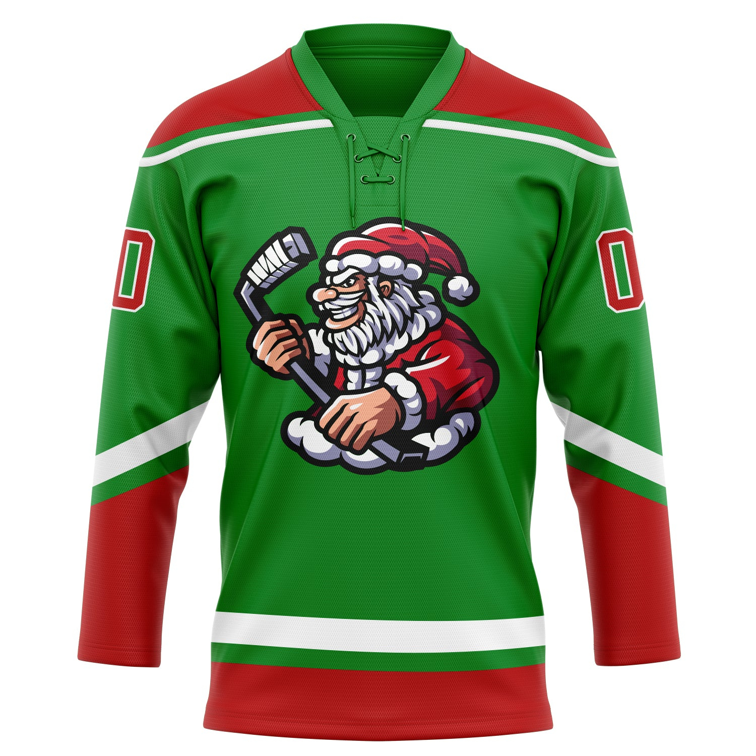 Custom Grass Green Red-White Christmas Santa Claus 3D Hockey Lace Neck Jersey