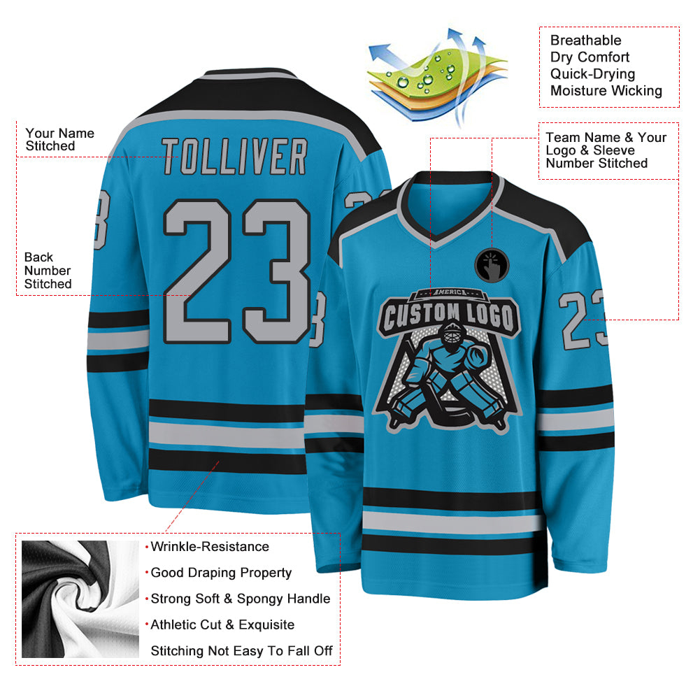 Custom Panther Blue Gray-Black Hockey Jersey