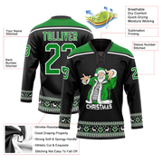 Custom Black Grass Green-White Christmas Santa Claus 3D Hockey Lace Neck Jersey