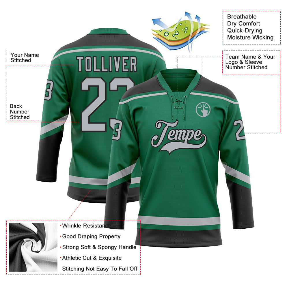 Custom Kelly Green Gray-Black Hockey Lace Neck Jersey
