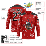 Custom Red Black-White Christmas Dog Wearing Santa Claus Costume 3D Hockey Lace Neck Jersey