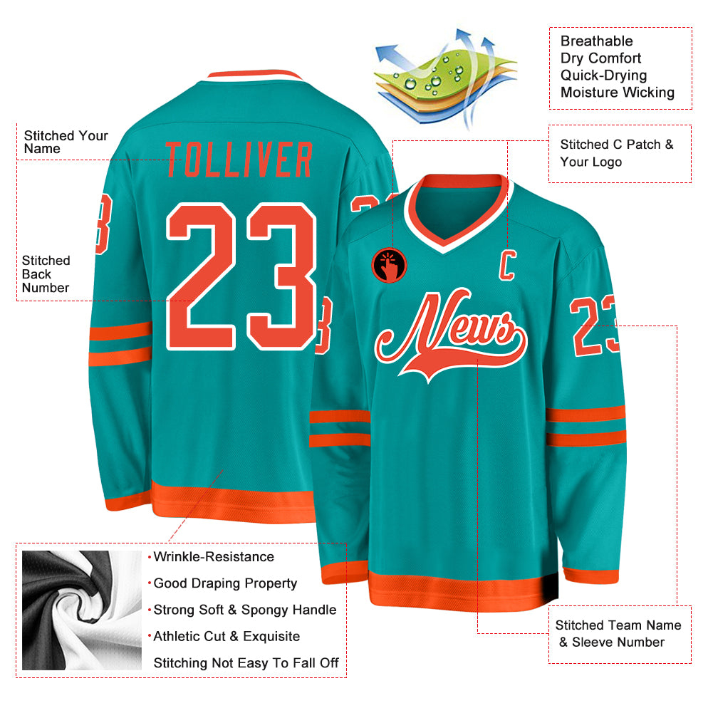 Custom Aqua Orange-White Hockey Jersey