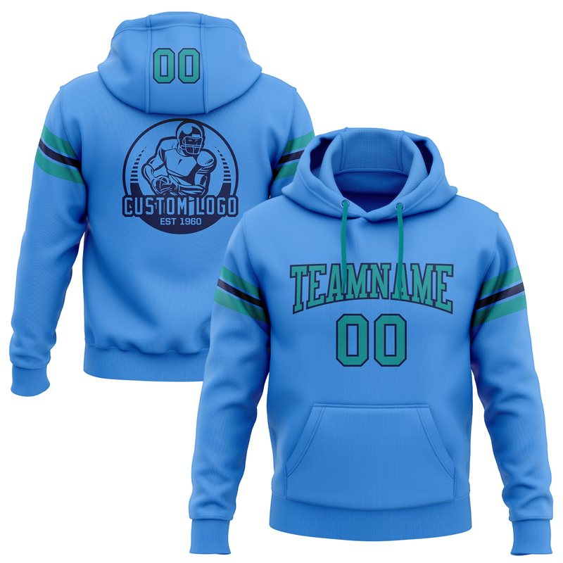 Custom Stitched Powder Blue Teal-Navy Football Pullover Sweatshirt Hoodie