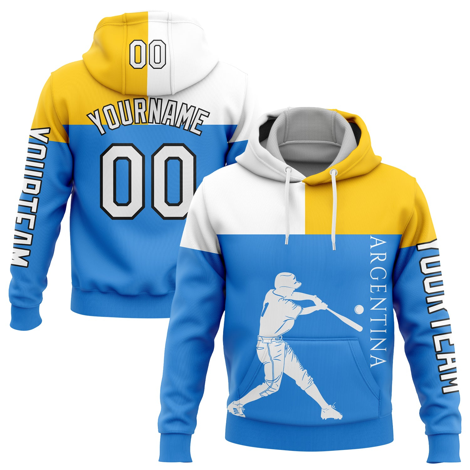 Custom Stitched Powder Blue Yellow-Black 3D Argentina Argentinian Flag Sports Pullover Sweatshirt Hoodie