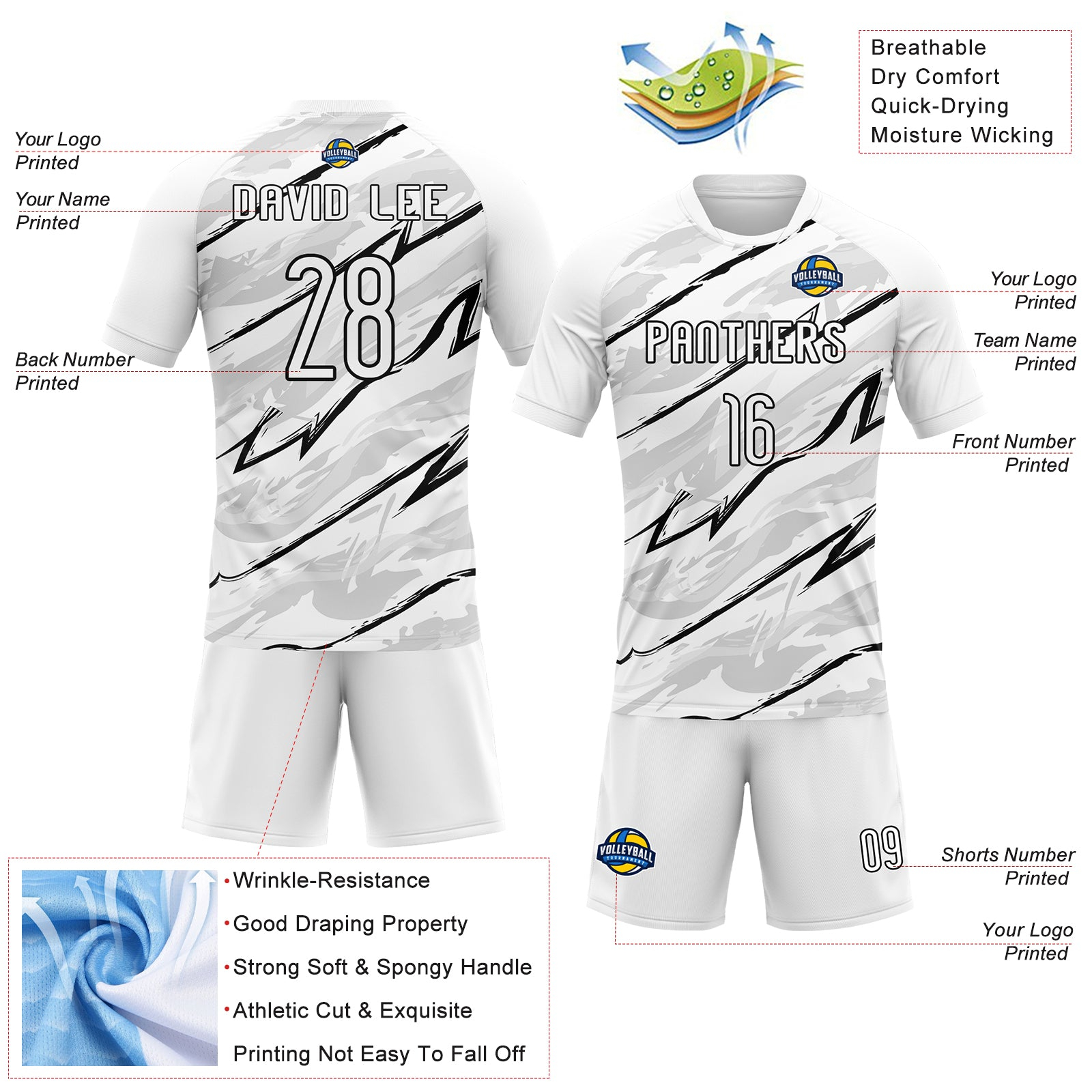 Custom White Black Abstract Brush Sublimation Volleyball Uniform Jersey