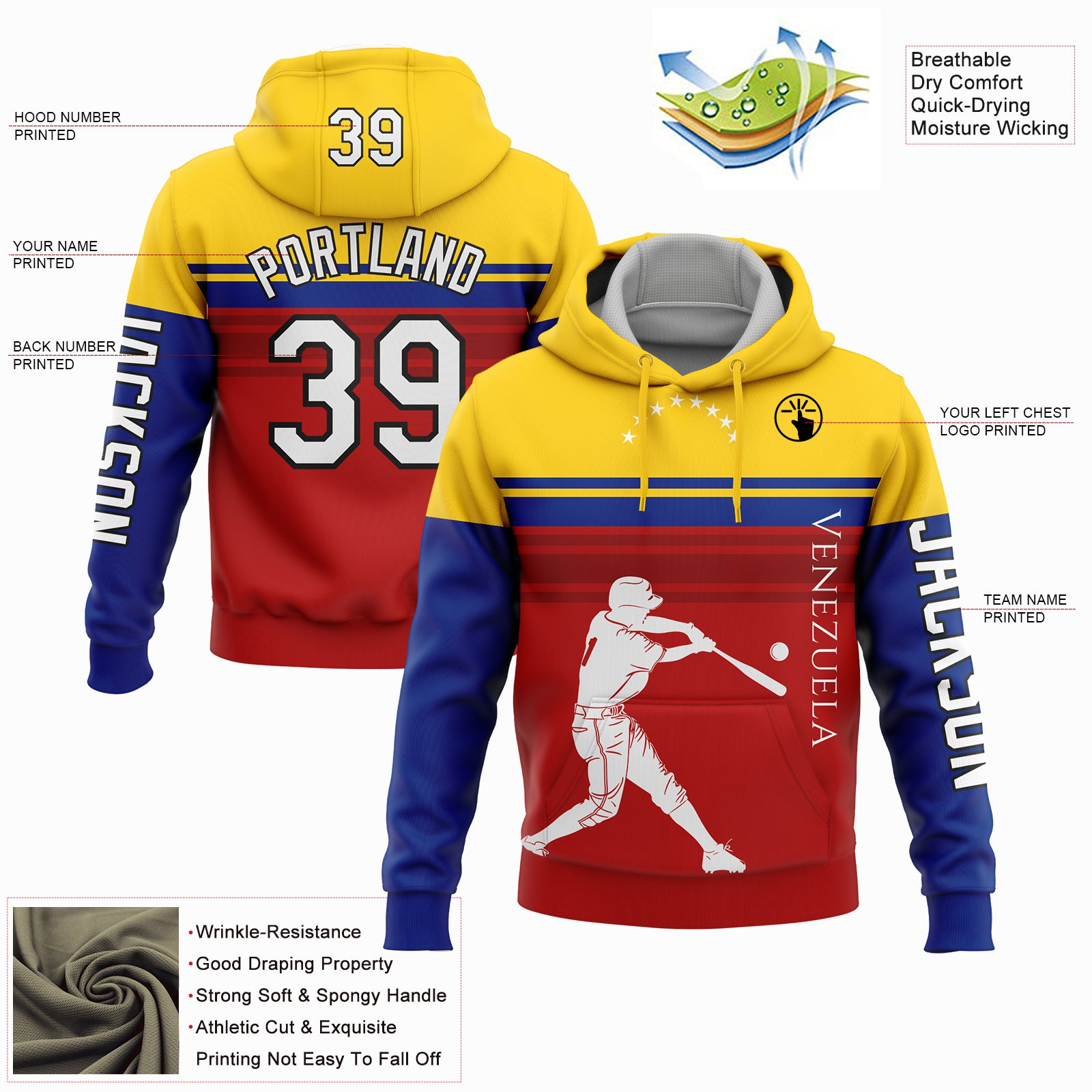 Custom Stitched Red Gold Royal-Black 3D Venezuela Venezuelan Flag Sports Pullover Sweatshirt Hoodie