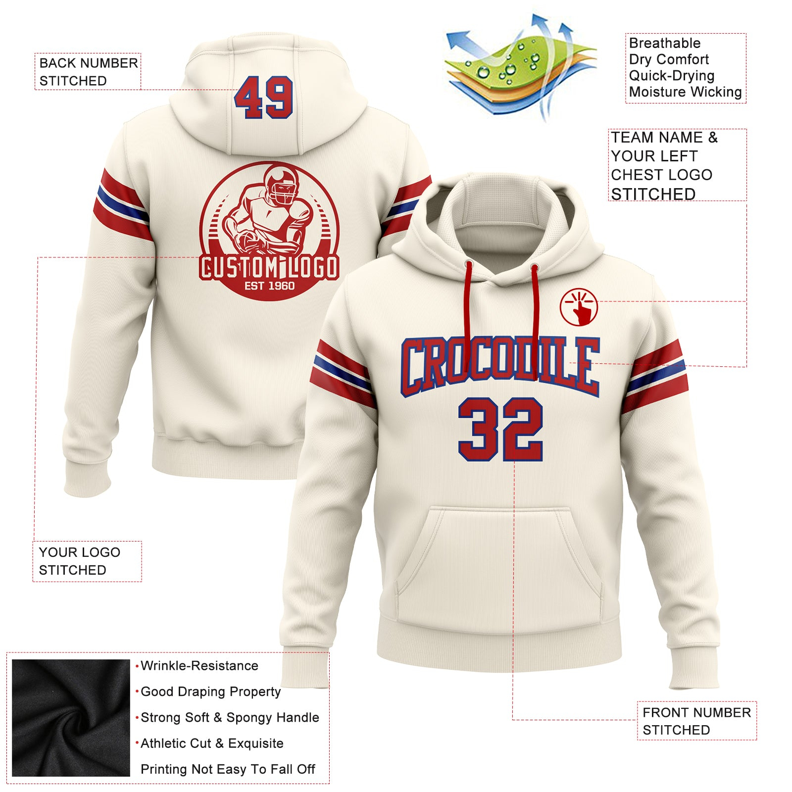 Custom Stitched Cream Red-Royal Football Pullover Sweatshirt Hoodie