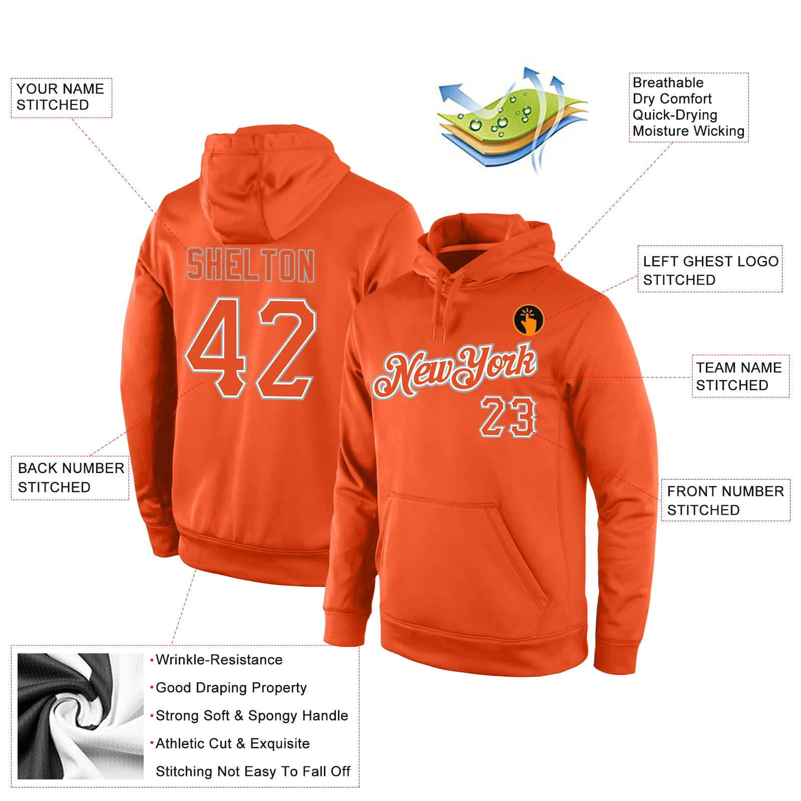 Custom Stitched Orange Orange-Gray Sports Pullover Sweatshirt Hoodie