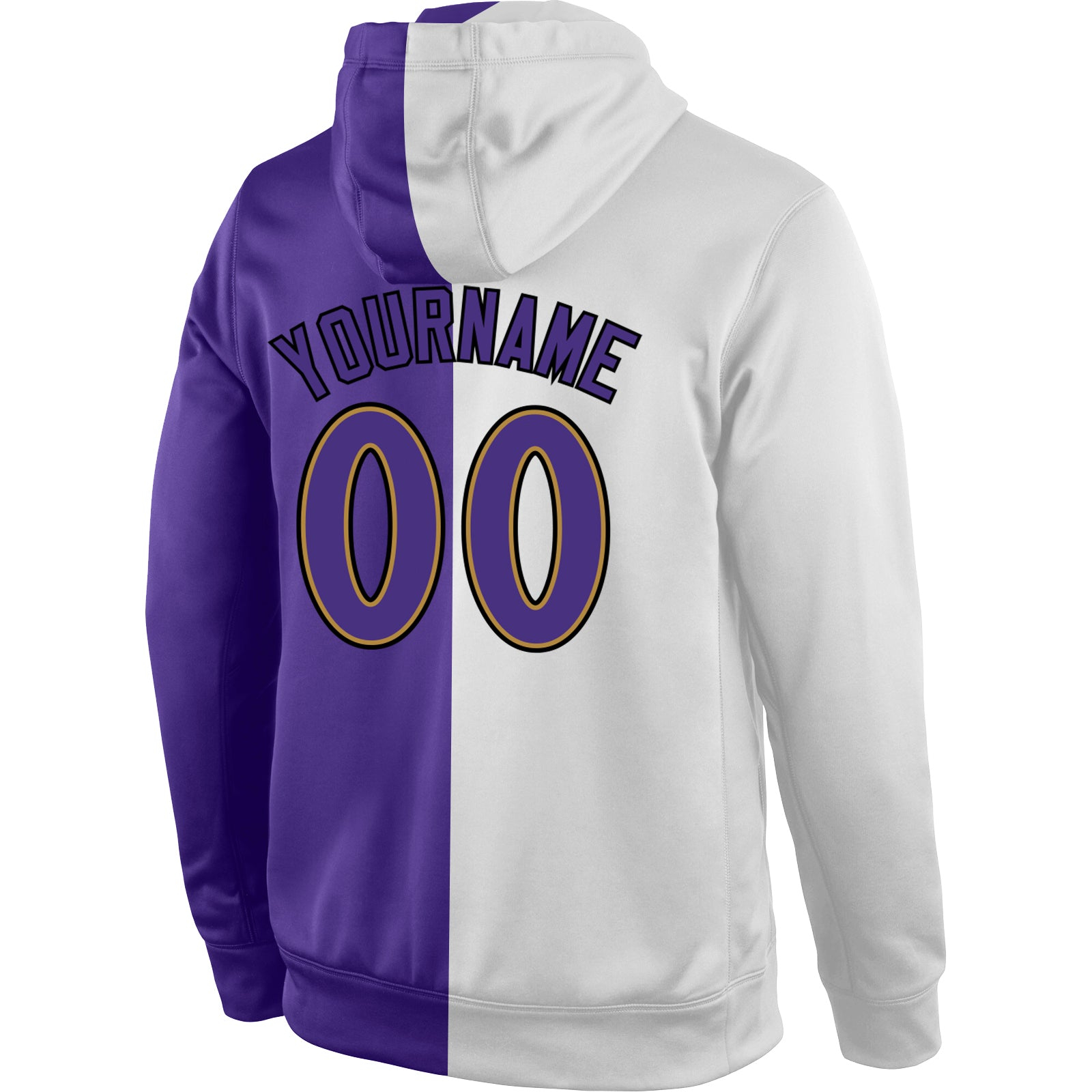 Custom Stitched White Purple-Old Gold Split Fashion Sports Pullover Sweatshirt Hoodie