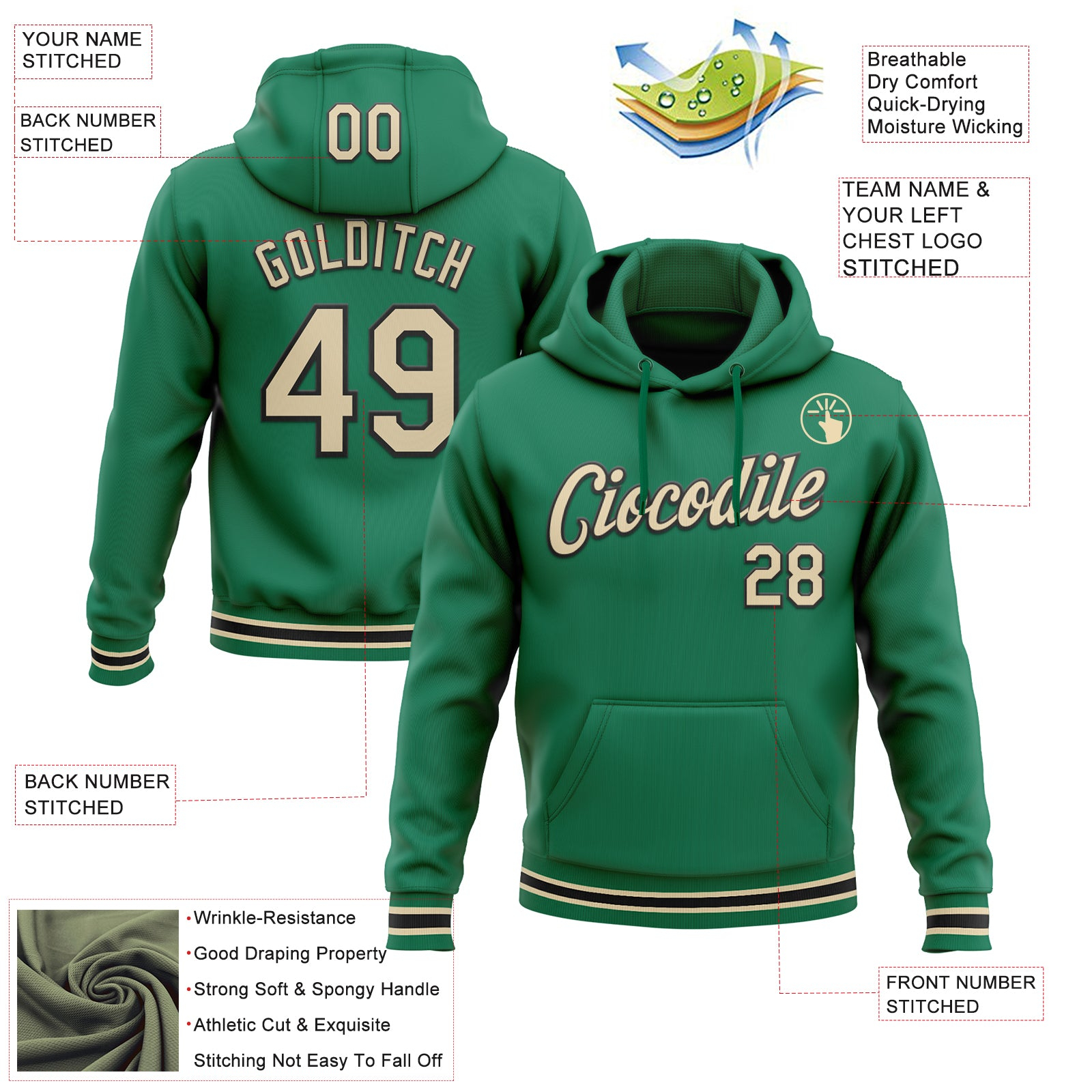 Custom Stitched Kelly Green Cream-Black Sports Pullover Sweatshirt Hoodie
