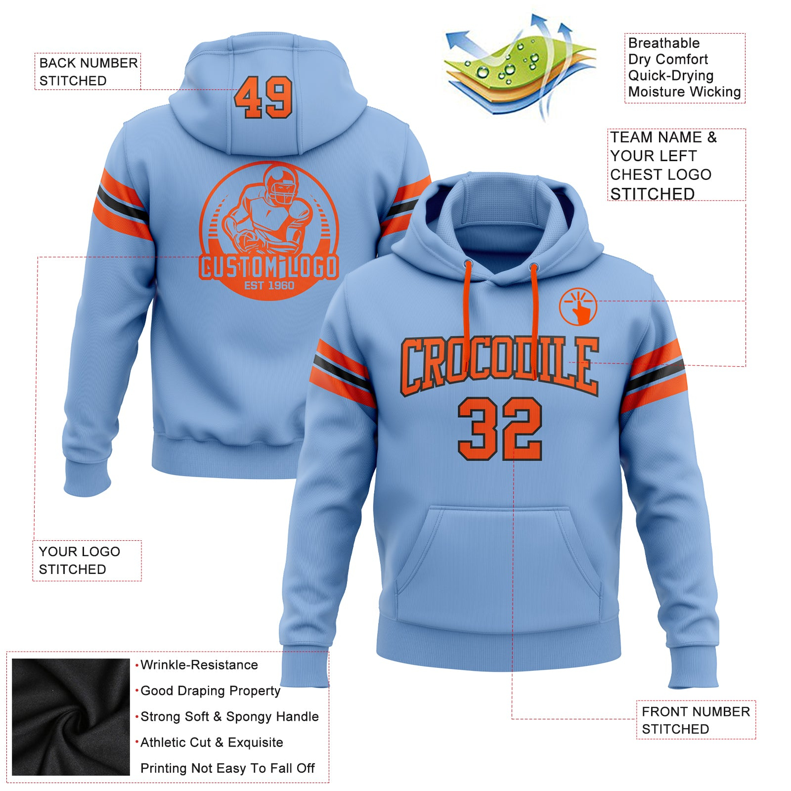 Custom Stitched Light Blue Orange-Black Football Pullover Sweatshirt Hoodie