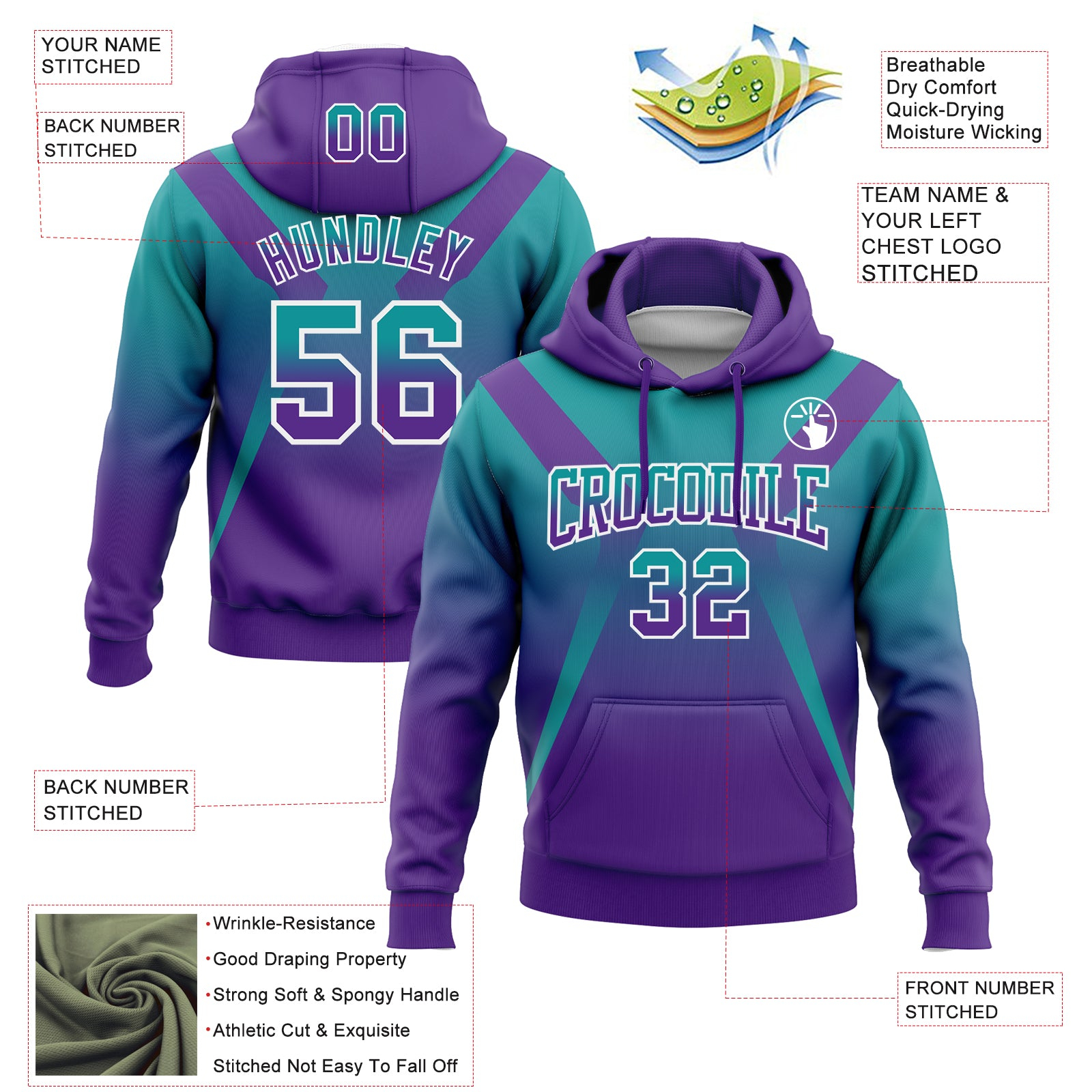 Custom Stitched Teal Purple-White Fade Fashion Arrow Sports Pullover Sweatshirt Hoodie