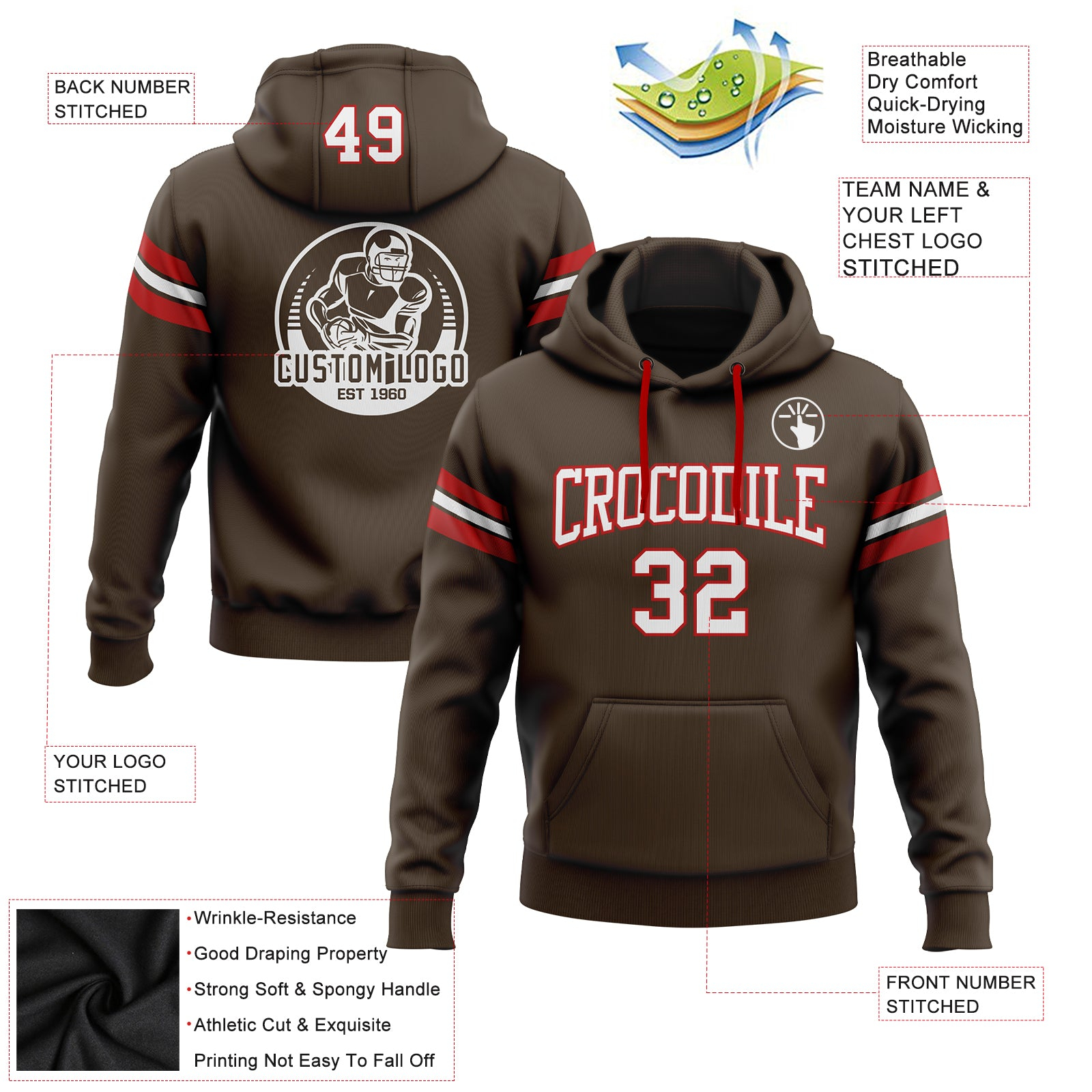 Custom Stitched Brown White-Red Football Pullover Sweatshirt Hoodie