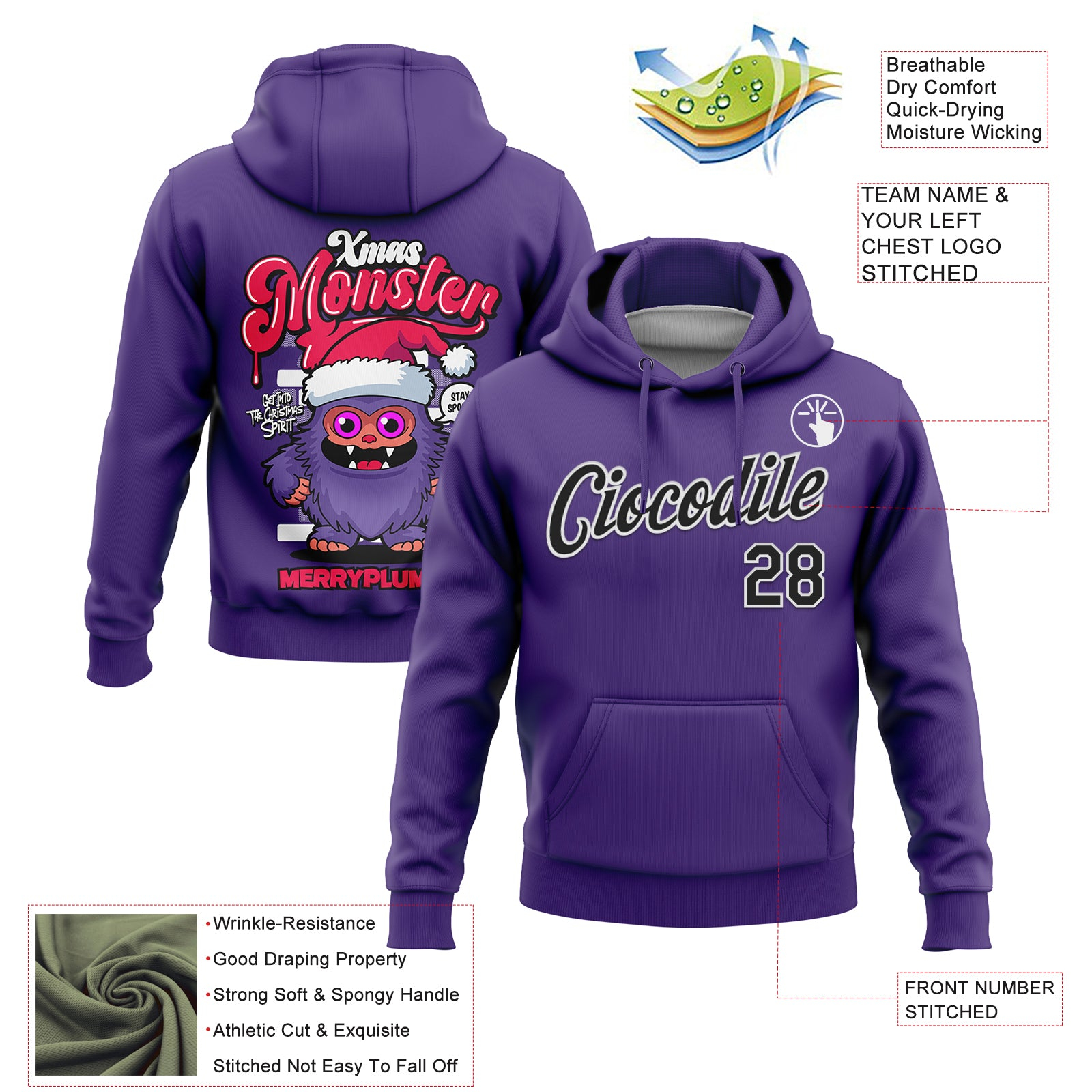 Custom Stitched Purple Black-White Funny Christmas 3D Sports Pullover Sweatshirt Hoodie