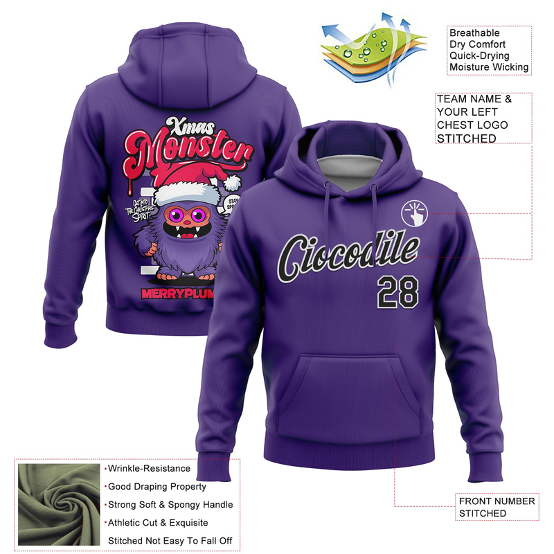 Custom Stitched Purple Black-White Funny Christmas 3D Sports Pullover Sweatshirt Hoodie