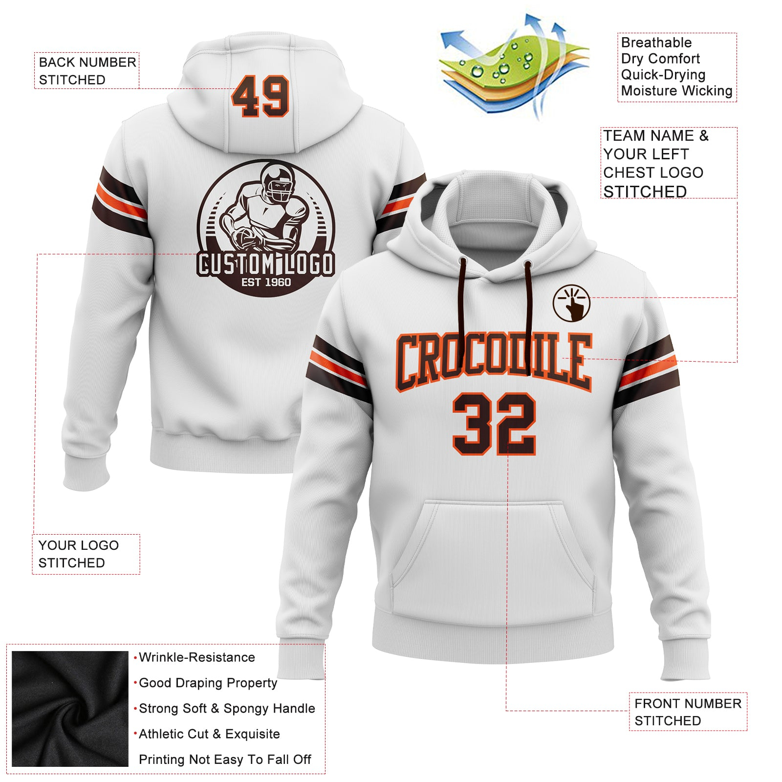 Custom Stitched White Brown-Orange Football Pullover Sweatshirt Hoodie
