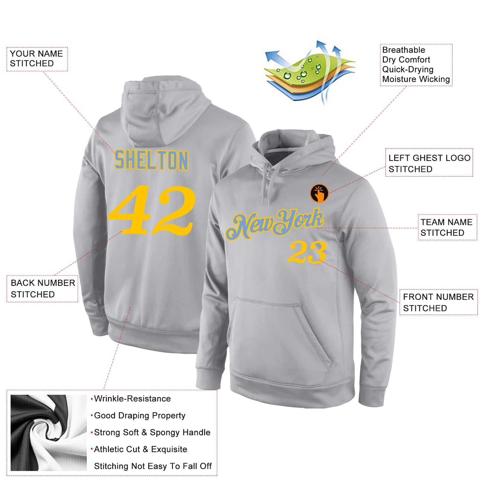 Custom Stitched Gray Gold Sports Pullover Sweatshirt Hoodie