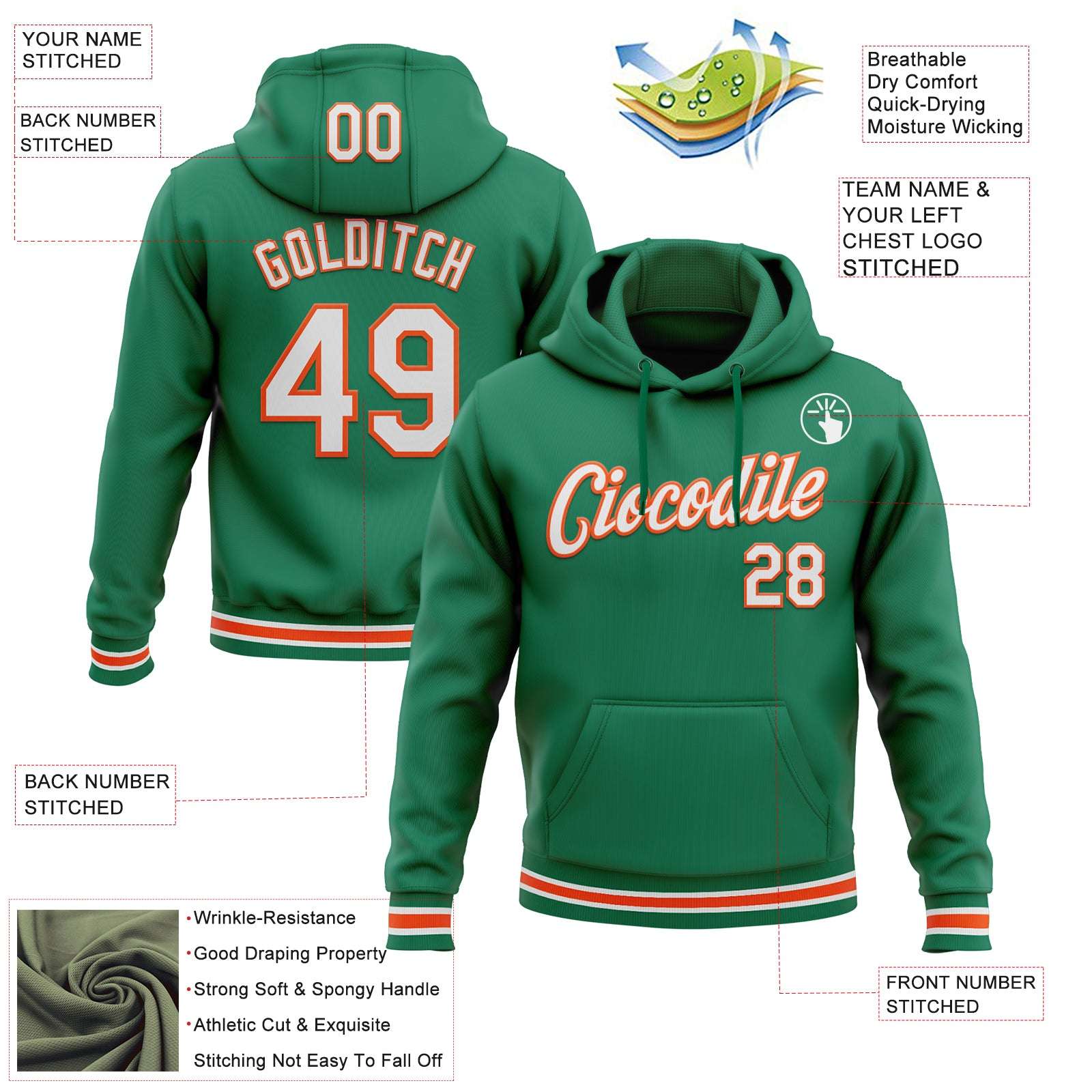 Custom Stitched Kelly Green White-Orange Sports Pullover Sweatshirt Hoodie