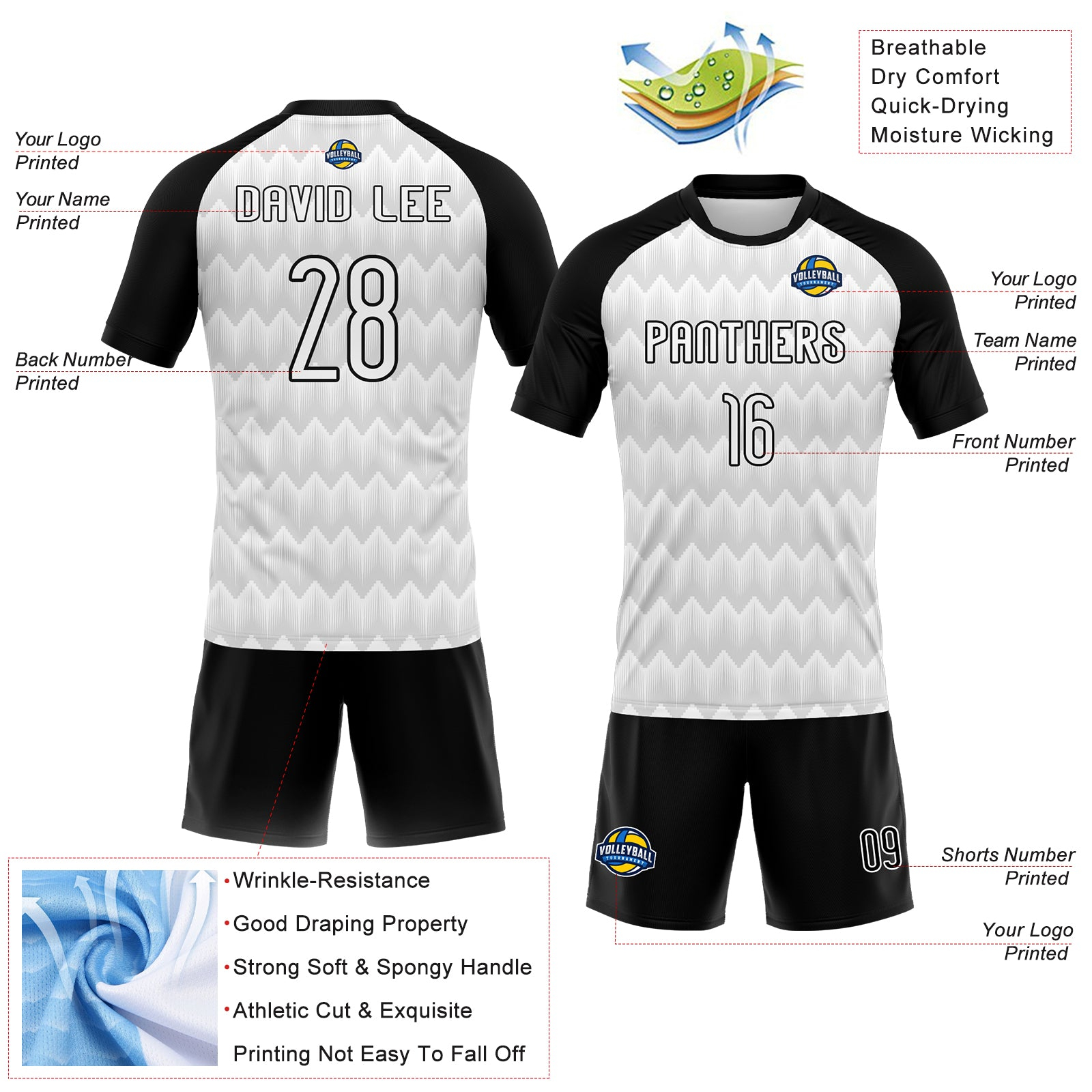 Custom White Black Geometric Shape Sublimation Volleyball Uniform Jersey