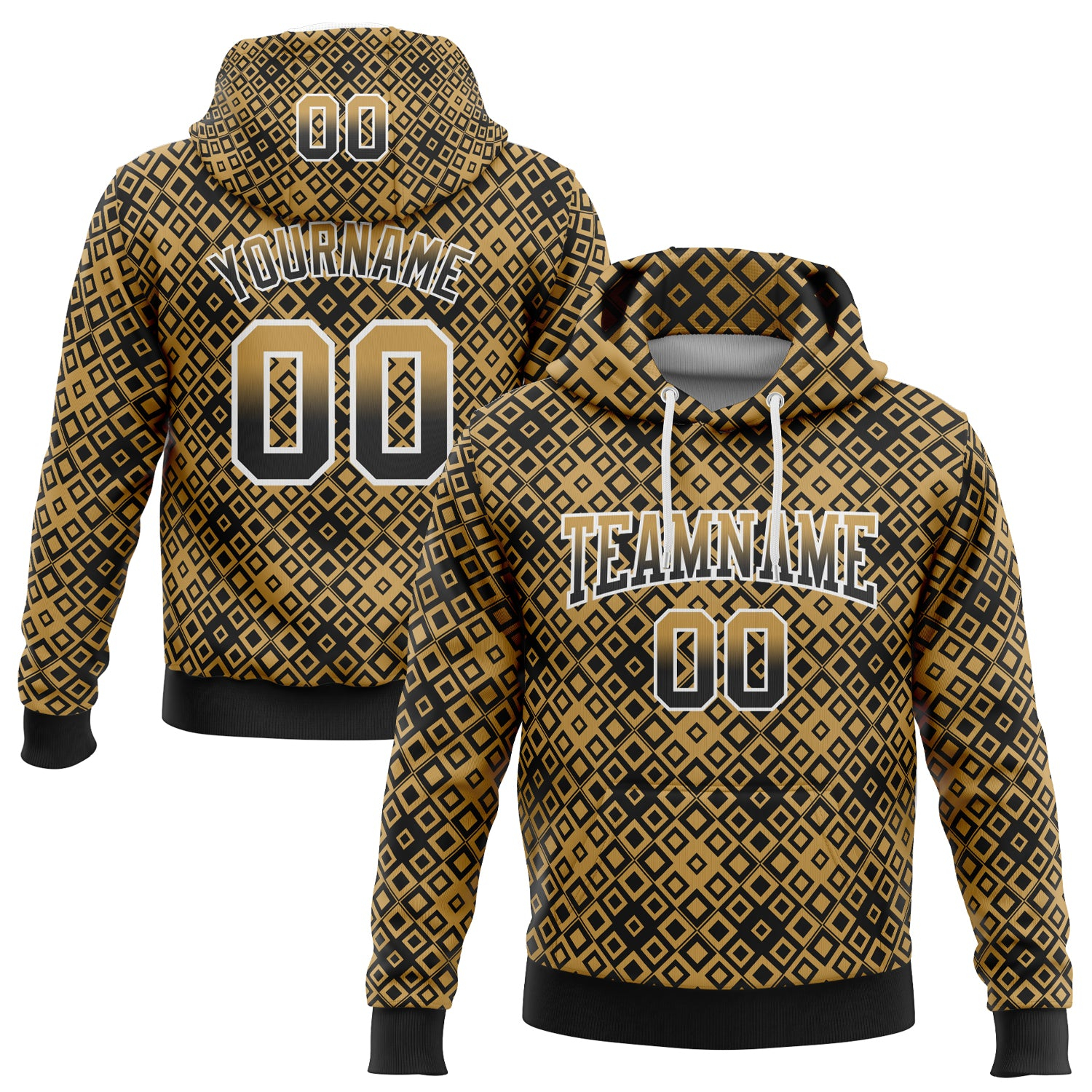 Custom Stitched Old Gold Black-White 3D Pattern Design Geometric Gradient Square Shapes Sports Pullover Sweatshirt Hoodie