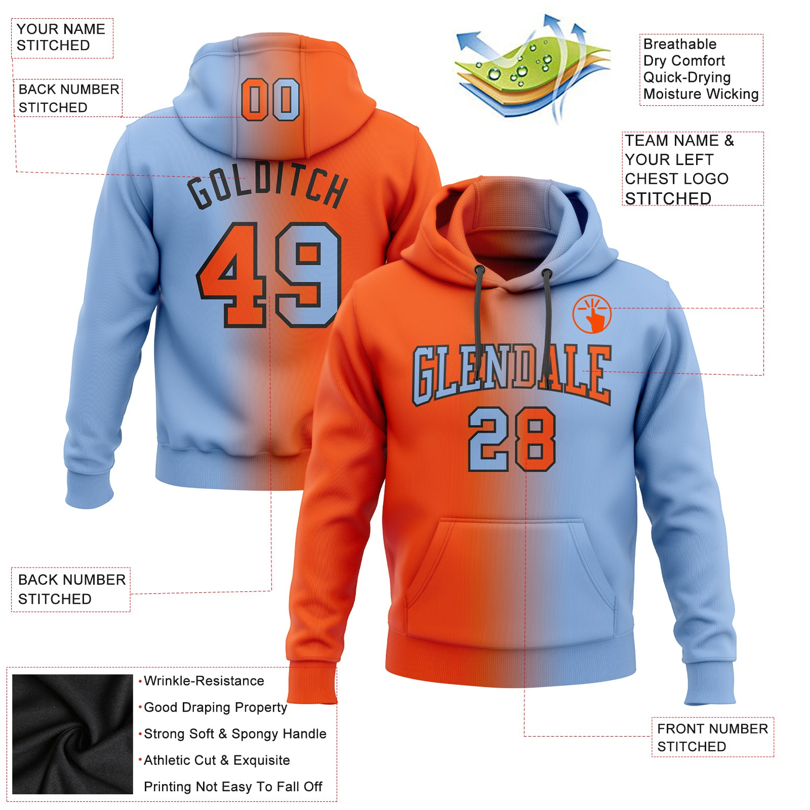 Custom Stitched Light Blue Orange-Black Gradient Fashion Sports Pullover Sweatshirt Hoodie