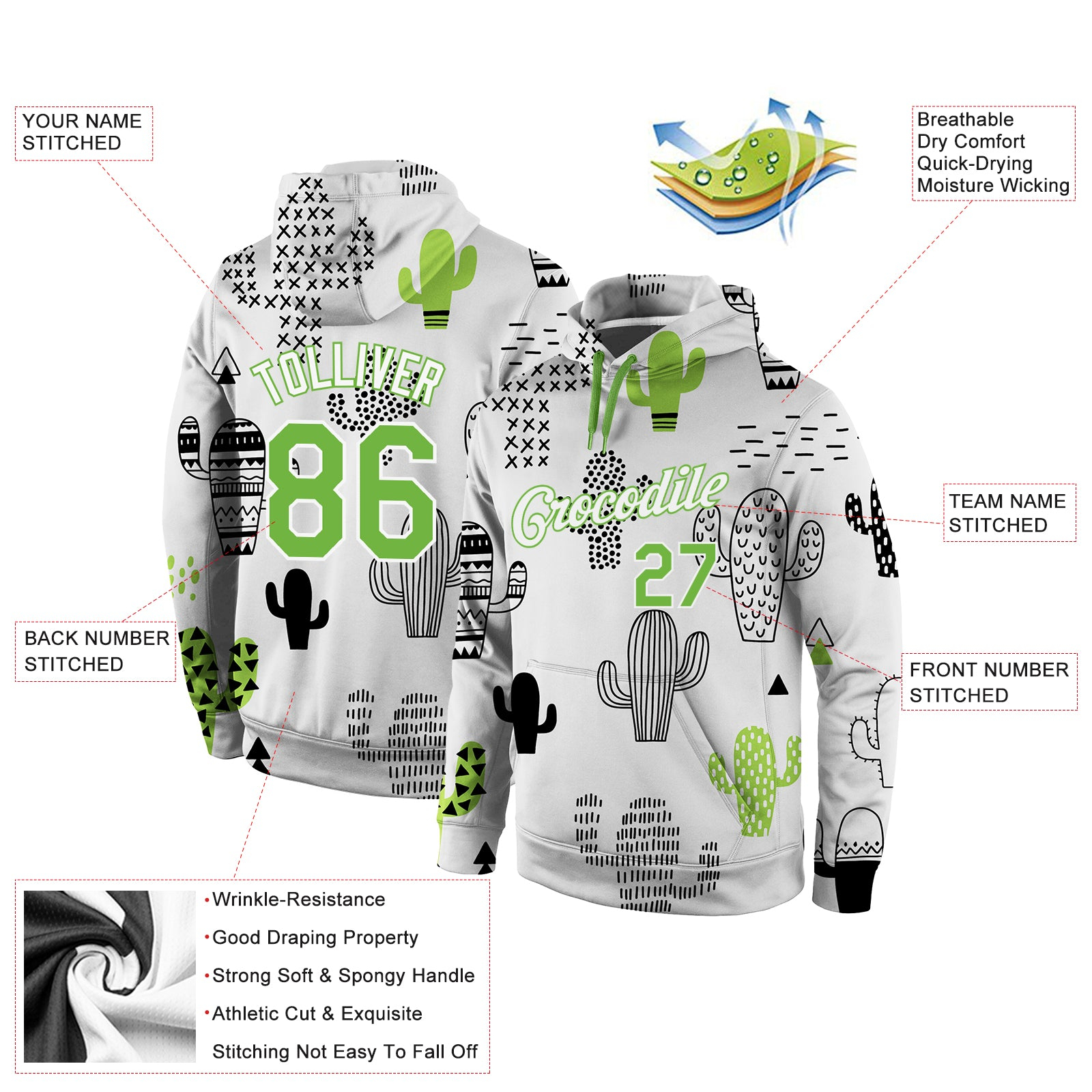 Custom Stitched Graffiti Pattern Neon Green-White 3D Cactus Sports Pullover Sweatshirt Hoodie