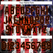 Custom Royal Black Orange-Red American Flag With Head Of Bull 3D Pattern Design Bomber Full-Snap Varsity Letterman Jacket