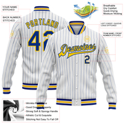 Custom White Royal Pinstripe Yellow Bomber Full-Snap Varsity Letterman Jacket